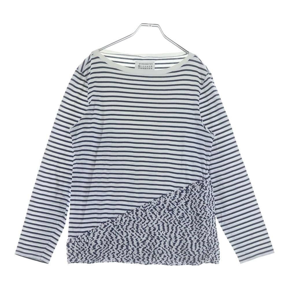 コットン ニット切替 ボーダー 長袖Tシャツ カットソー ホワイト/ブルー  S30HA0636 Bランク