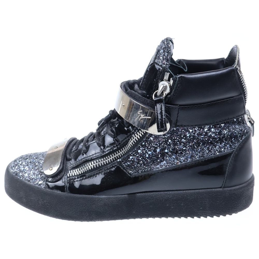 ベルクロプレート ラメ レザー ハイカットスニーカー ブラック/シルバー Bランク