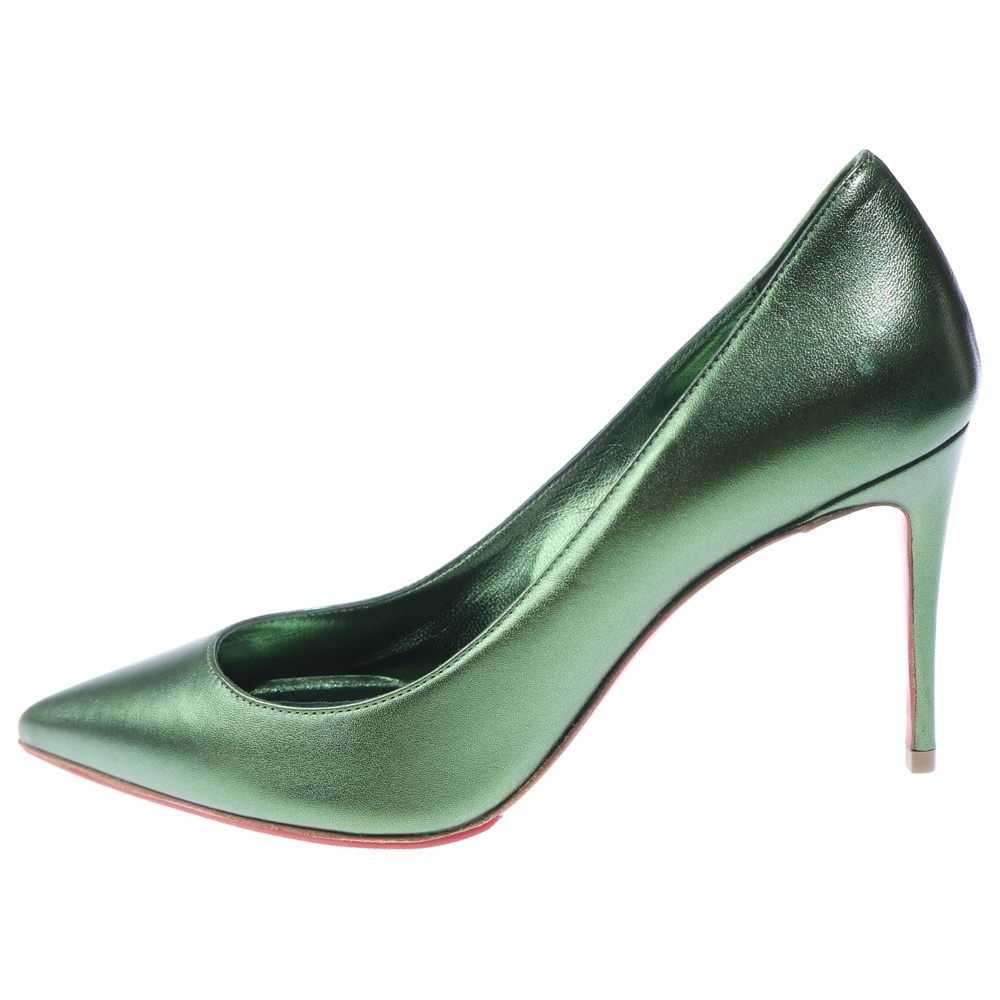 レザー ポインテッドトゥ ハイヒール パンプス グリーン レディース Sランク